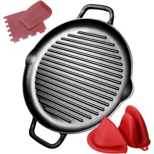 Pre-Seasoned Cast Iron Griddle Pan - 12.6 Inch Round Grill Pan with Dual Handles for BBQ and Stove Top Cooking (12.6"x12.6")