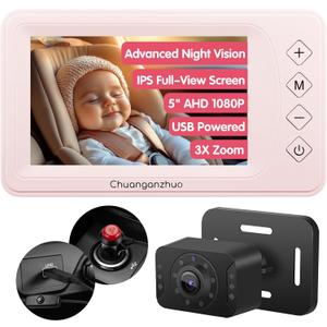 Baby Car Camera with Advanced Night Vision, AHD 1080P 5inch IPS Full View Car Baby Monitor, Carseat Camera for Kids Infants Rear Facing Mirror, USB Powered, 5inch, Light Pink