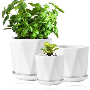 Yesland Ceramic Pots for Indoor Plants, Set of 3 in Different Sizes Round Plant Pots Flower Pots with Connected Saucer for Garden Indoor Outdoor Plants - White