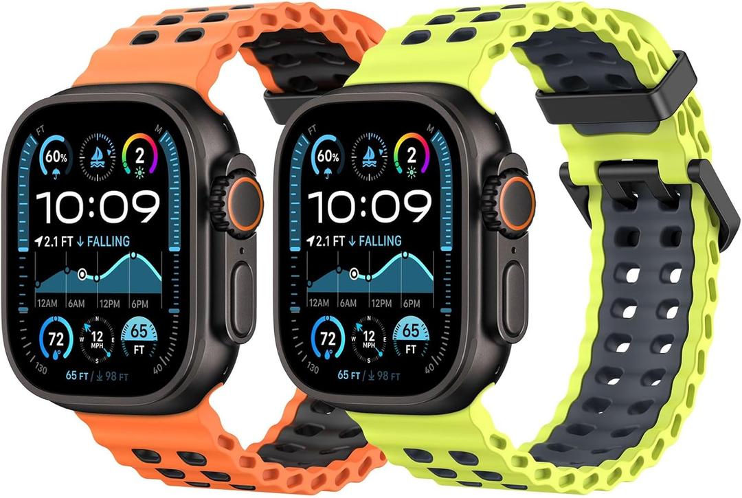 MoKo 2Pack Breathable Ocean Strap Compatible with Apple Watch Ultra 3/2/1 49mm,S11/S10 46mm,9/8/7 45mm,SE3/SE2/SE/6/5/4 44mm,3/2/1 42mm, Bicolor Silicone Sport Strap for Men Women (Orange Black+Lime Gray)