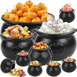 10 Pcs Halloween Large Witch Cauldron Kettles, 12.8, 9.8, 7.7, 5.7, 2.8 Black Plastic Witch Pots Candy Holder Treats & Punch Bowl for Halloween Indoor Outdoor Home Party Supply