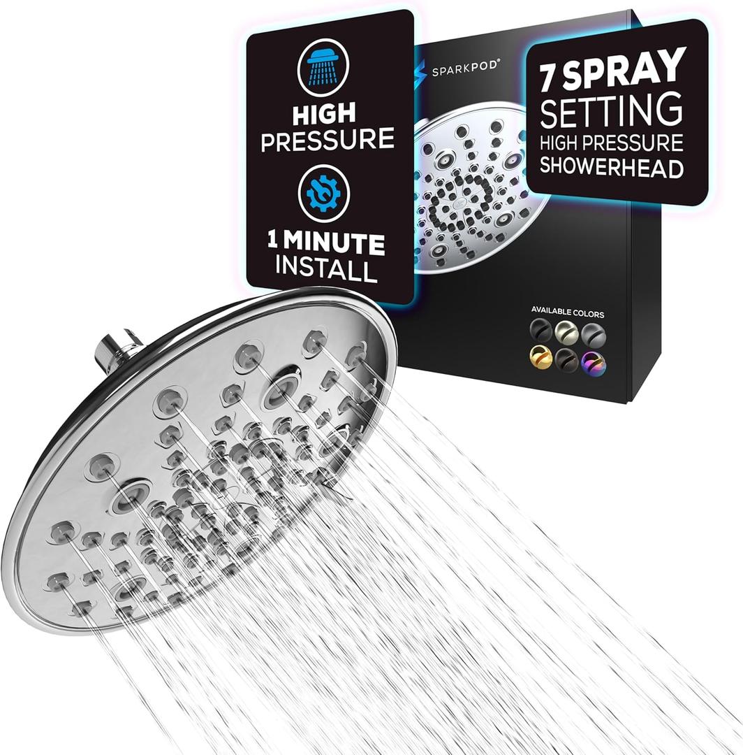 SparkPod 7 Spray Settings Shower Head - Adjustable High Flow Shower Head with Mist Setting - Showerhead Replacement Head for the Bathroom (8 Inch, Chrome) (1. Luxury Polished Chrome)