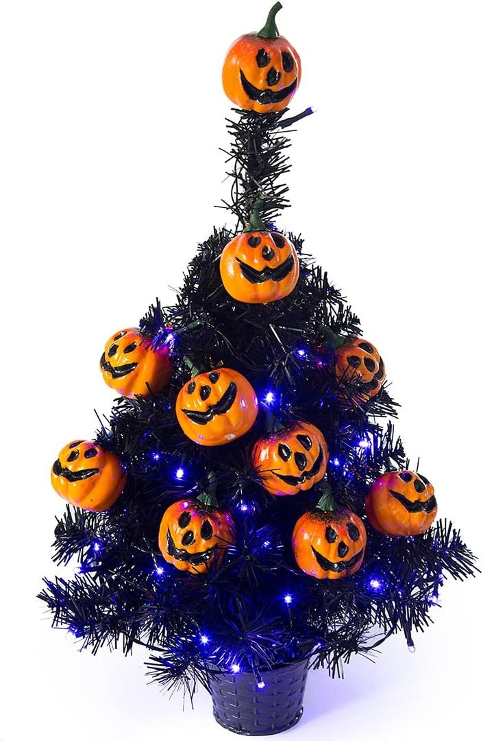 Sunnyglade 21.6 30 LED Halloween Black Spooky Tree Glittered with Purple Lights & 12 Pumpkin Decorations,Battery Powered for Halloween Indoor Tabletop Decoration