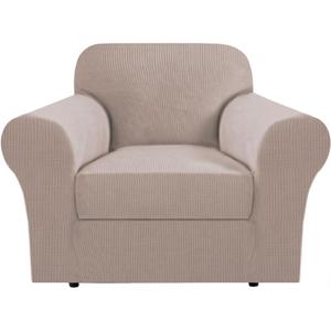 H.VERSAILTEX Stretch T Cushion Armchair Cover 2 Piece Chair Covers for Living Room Furniture Cover Suit for Box Cushion, Spandex Jacquard Fabric Small Checks (Armchair-Oversized, Sand)