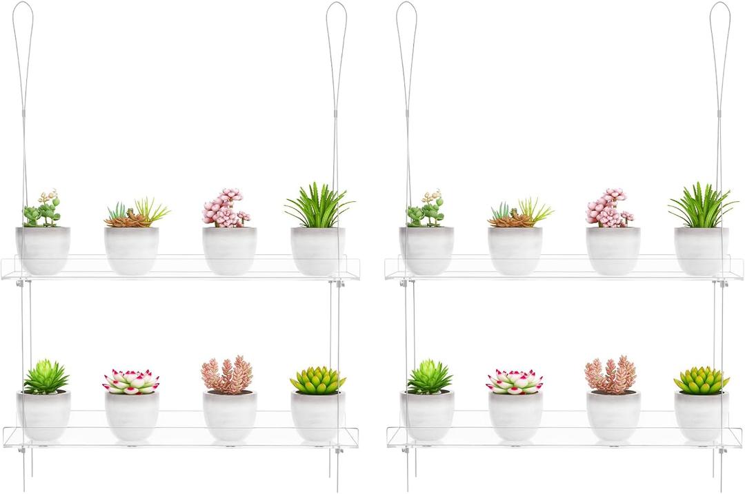 2-Pack Clear Hanging Window Plant Shelves, 2-Tier Indoor Wall Plant Stand Flower Display Organizer Storage for Microgreens,Succulents,Flower,16-Inch