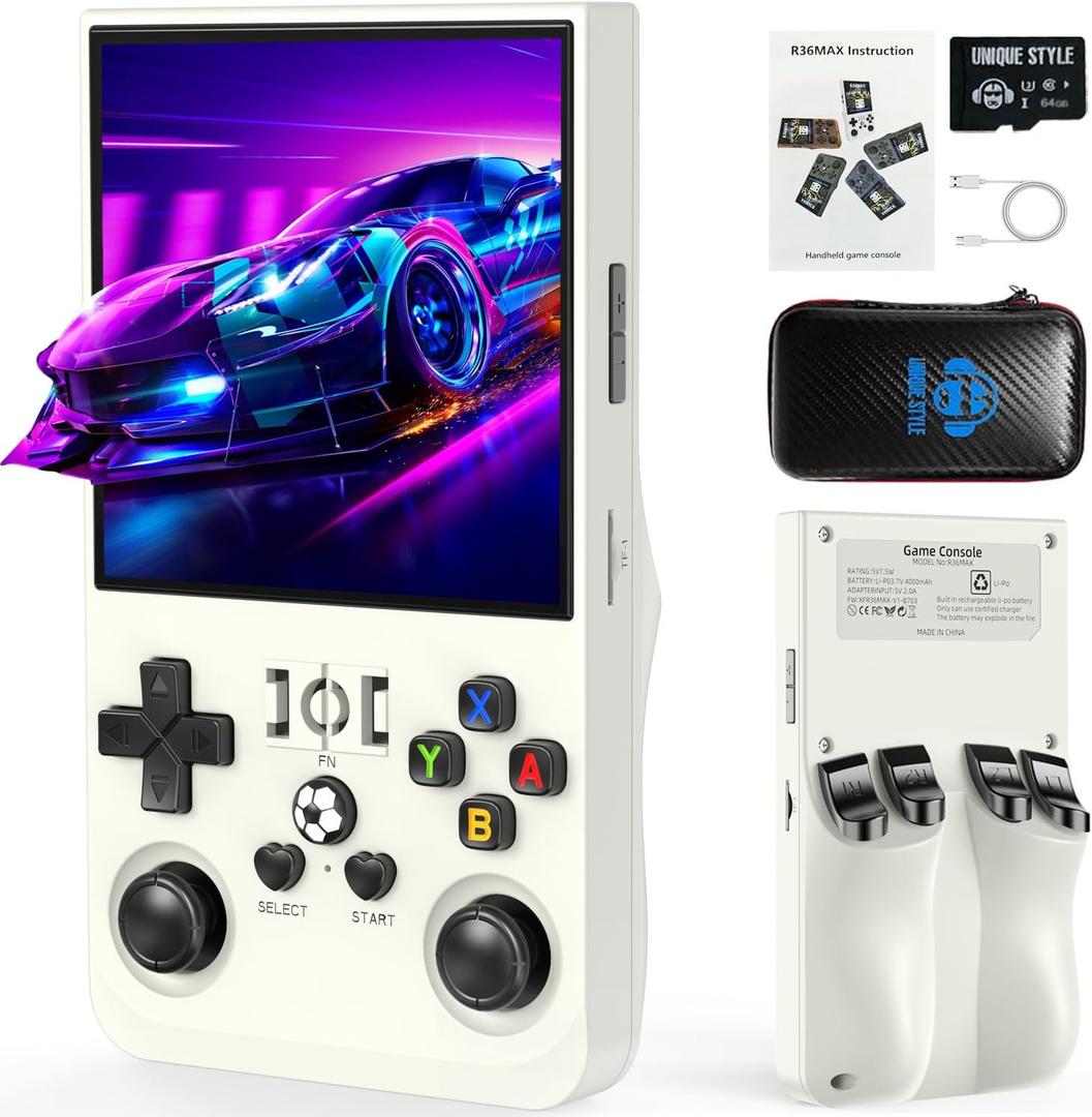R36MAX Retro Handheld Game Console, 4.0 Inch IPS HD Screen Portable Retro Gaming Console, 1.5GHz CPU Support 30+ Emulator Console Video Game Console, 4000mAh Battery (64GB White)