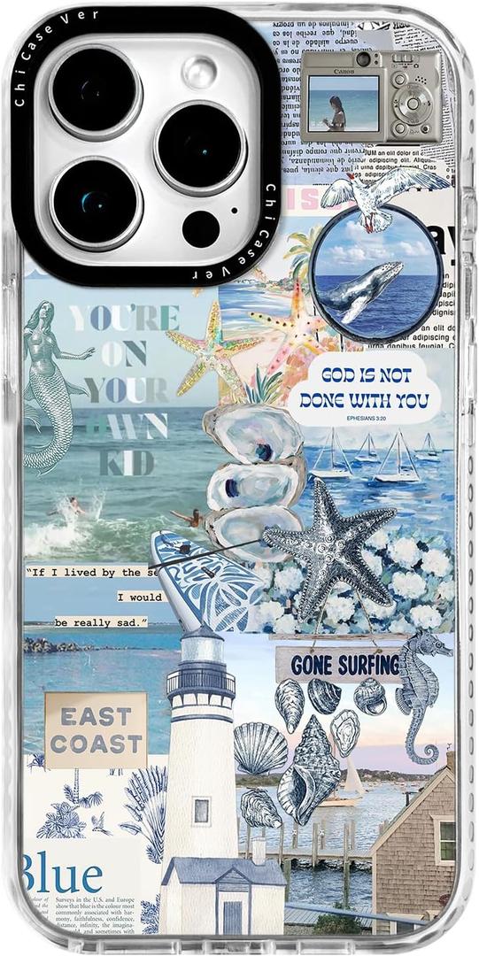 for iPhone 12 Pro Max Case, Nostalgic Beach Collage Pattern, Beach Soft Slim TPU Compatible with MagSafe, Military-Grade Drop Protection & Camera Protection for Women Girls (EastCoast)