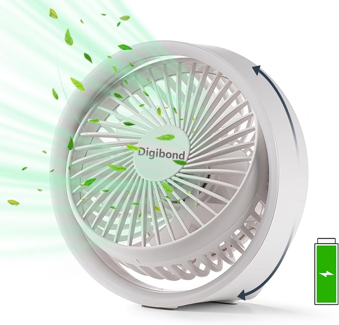 Digibond Small Desk Fan, Ultra Quite USB Fan Portable 3000mAh Rechargeable Battery Operate, High Power 3 Speed 5.3in With Ambient Light/Hook 180Rotated Easy Clean (White)
