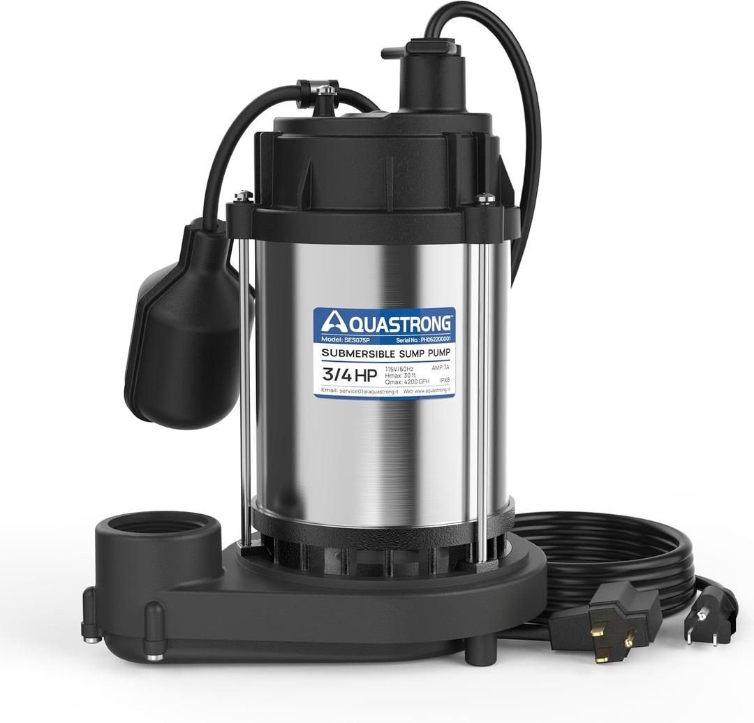 AQUASTRONG 3/4 HP Sump Pump, 4200 GPH Stainless Steel and Thermoplastic Submersible Water Pump, Automatic Float Switch with Piggy-back Plug,1-1/2" NPT Discharge Subpumps for Basement and Flooding Area