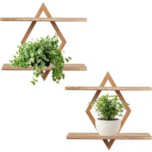 Floating Shelves for Wall,Decorative Wall Shelf,2 Tier Hanging Shelf for Plants Storage Display Holder,Indoor Decor for Living Room Home Office Bathroom Bedroom,Solid Wood,Diamond Shaped,2 Pack