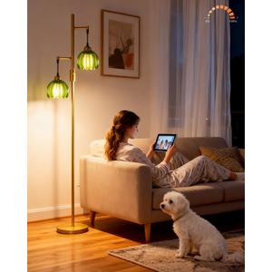 Lightdot 2-Light Glass Floor Lamp for Living Room, Dimmable Gold Floor Lamps with Green Glass Shade& Bulb Included, Modern Standing Tall Lamp with 5Lbs Heavy Base for Bedroom/Sofa Beside/Corner Decor