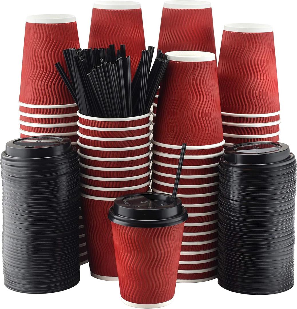 NYHI Pack of 100 10 oz Red Paper Cups with Black Lids Coffee Cups Disposable BPA Free Insulated Ripple Kraft Paper Cups To go Cups for Hot or Cold Drinks Office Home Canteen Party Travel