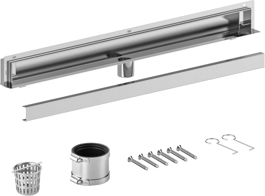 Neodrain 36 in Brushed Wall Drain, 304 Stainless Steel Side Drain with Grate and Hair Strainer, Lateral Shower Drain for Bathroom