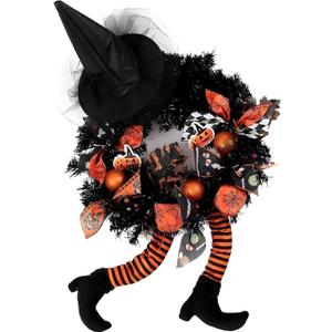 wlflash Happy Halloween Wreath for Front Door Decoration with Skeleton Artificial Bone Orange Ornaments Maple Leaf for Party Decor (Halloween Orange)