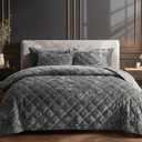 PHF Luxury Velvet Quilt Set King Size, Lightweight Velvet Comforter, Ultra Soft Cross Stich Quilted Bedding Set for, Home Decor Bedspread 108" x 92"with 2 Pillow Shams 20" x 36", Grey