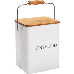 Dog Food storage container Dog Treats Jar,5~6 lb Metal food treats tin for Dog, pet snacks Canisters with wooden lid/handle/sevice scoop-White