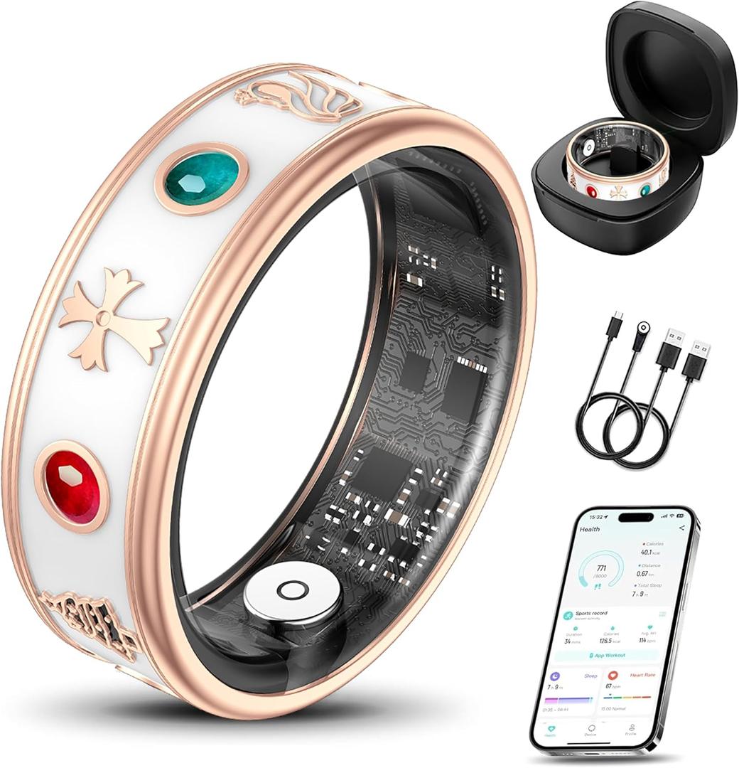 Smart Ring for Women,Fitness & Activity Tracker with Blood Pressure/Heart Rate Monitor, Sleep Tracker, Step Counter, IP68 Waterproof Ring for iOS&Android,Fast Charge,No Subscription (Rose Gold,Size10