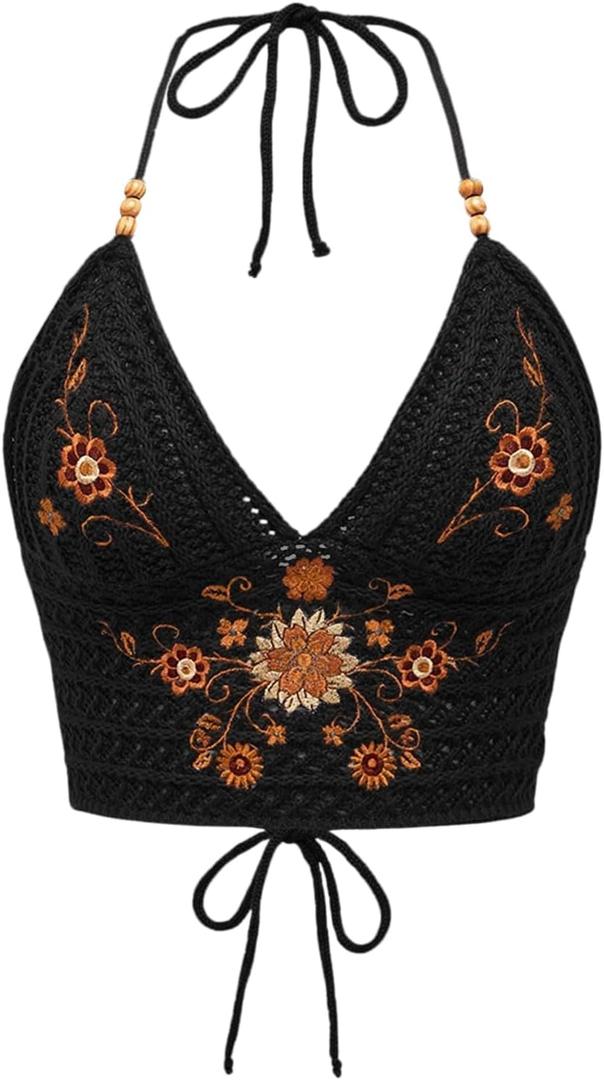 SHENHE Women's Open Back Knitted Halter Crop Top Tie Backless Embroidered Hippie Top (Large) Black A
