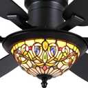 Tiffany Ceiling Fans with Lights - 52" Ceiling Fan Chandelier with Stained Glass Shade, 6 Speeds Reversible 6 Dual-Blades, Flush Mount, 3 CCT Dimmable LED Lights, Remote & APP Control, Vintage Style