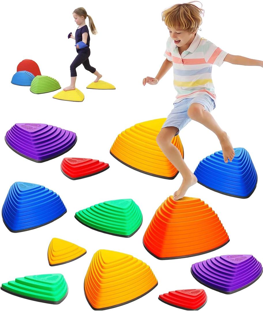 Giggle & Play Stepping Stones For Kids, Set Of 12, Montessori Indoor and Outdoor Balance Stepping Stones, Promotes Coordination, Balanced Strength Child Safe Rubber, Sports, Vibrant Colors, Non-Slip Edges