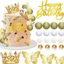 Gyufise 40Pcs Crown Cake Topper Balls Happy Birthday Cake Toppers Crown Birthday Candles Butterflies Corona Para Pastel Cake Decorations for Wedding Baby Shower Party Decorations Gold