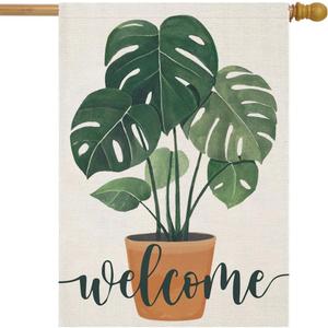 Welcome Summer House Flags for Outside, Seasonal Watercolor Monstera Deliciosa House Flag, Large Spring Yard Decorations for Outdoor Anniversary Wedding 28x40 Inch Double Sided