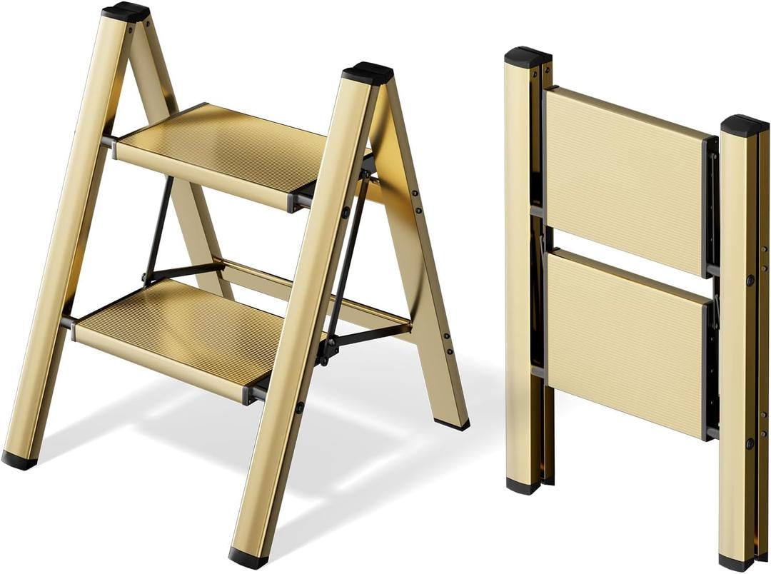 HillhutApex 2 Step Ladder, Lightweight Portable 2 Step Stool with Anti-Slip Wide Pedal,330lbs Capacity Aluminum Ladder for Household,Office,Library(Gold)