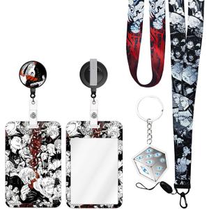 4PCS Set Anime Neck Lanyard with Retractable Badge Reel and Cool Satoru Anime ID Badge Holder(with Anime Keychain) Swivel Clip Alligator Clip for Nurses Student Teacher Women Men (White)