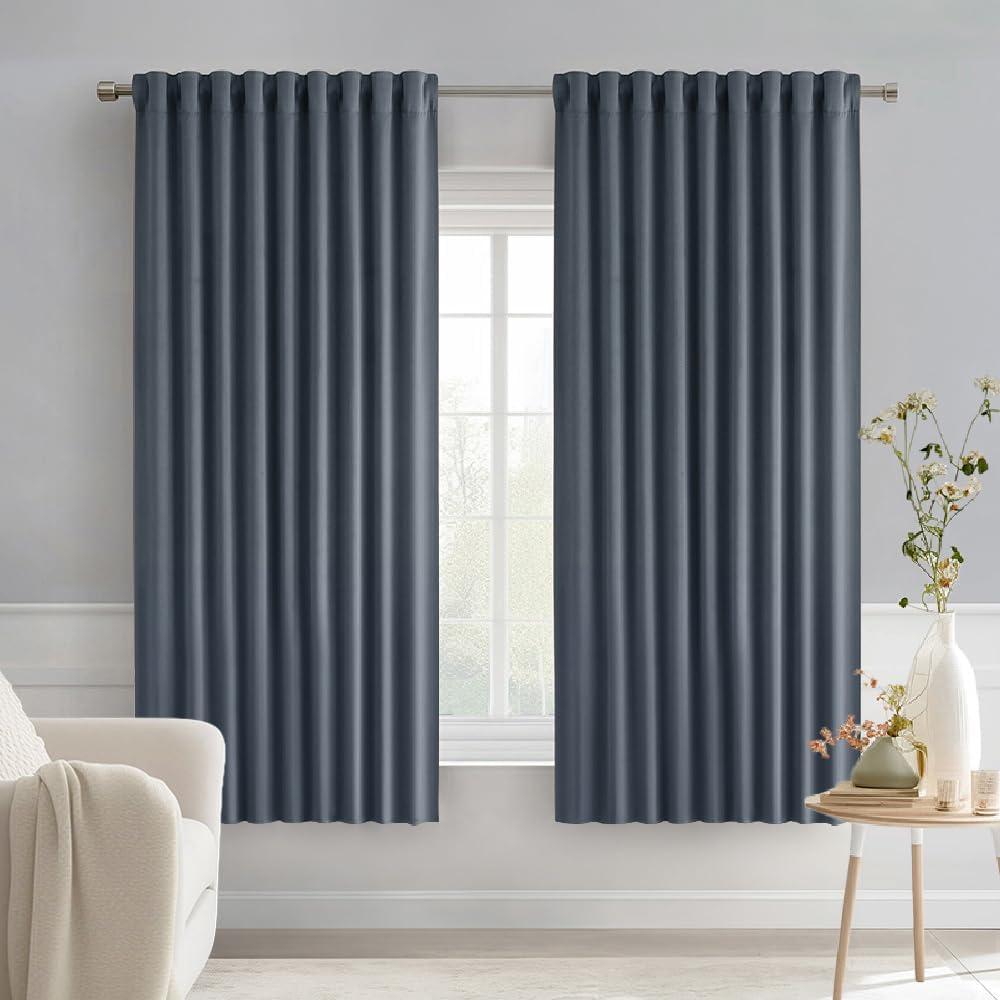MIULEE Stone Blue Back Tab Blackout Curtains 63 Inch Length 2 Panels Set for Living Room Bedroom Privacy, Rod Pocket/Pinch Pleat Thermal Insulated Room Darkening Pleated Light Blocking Drapes