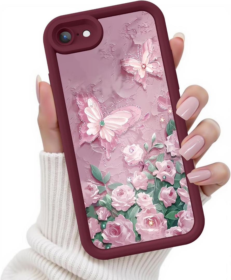 for iPhone SE/8/7 Case, Creative Butterfly Pattern Design for Girl Women, Soft Silicone Shockproof Anti-Scratch Protection Phone Cover for iPhone SE/8/7 (3D Rose Butterfly)