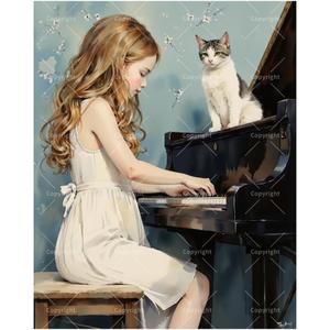 Musical Melody Paint by Numbers Kit for Adults - DIY Girl Playing Piano with Cat Painting on Canvas 16x20In, Framed Acrylic Paint Set, Suitable for Beginners, Art for Home Decoration or Gifts