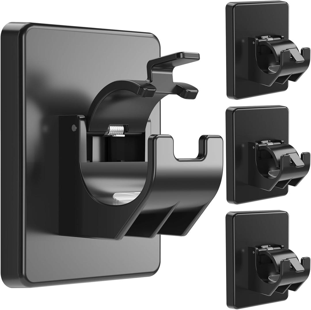 Curtain Rod Brackets No Drilling, Strong Adhesive Curtain Rod Holders, Universal Curtain Rod Hooks Holds up to 20LB for Bedroom, Apartment Dorm, Bathroom, Livingroom 4 Pack (Black)