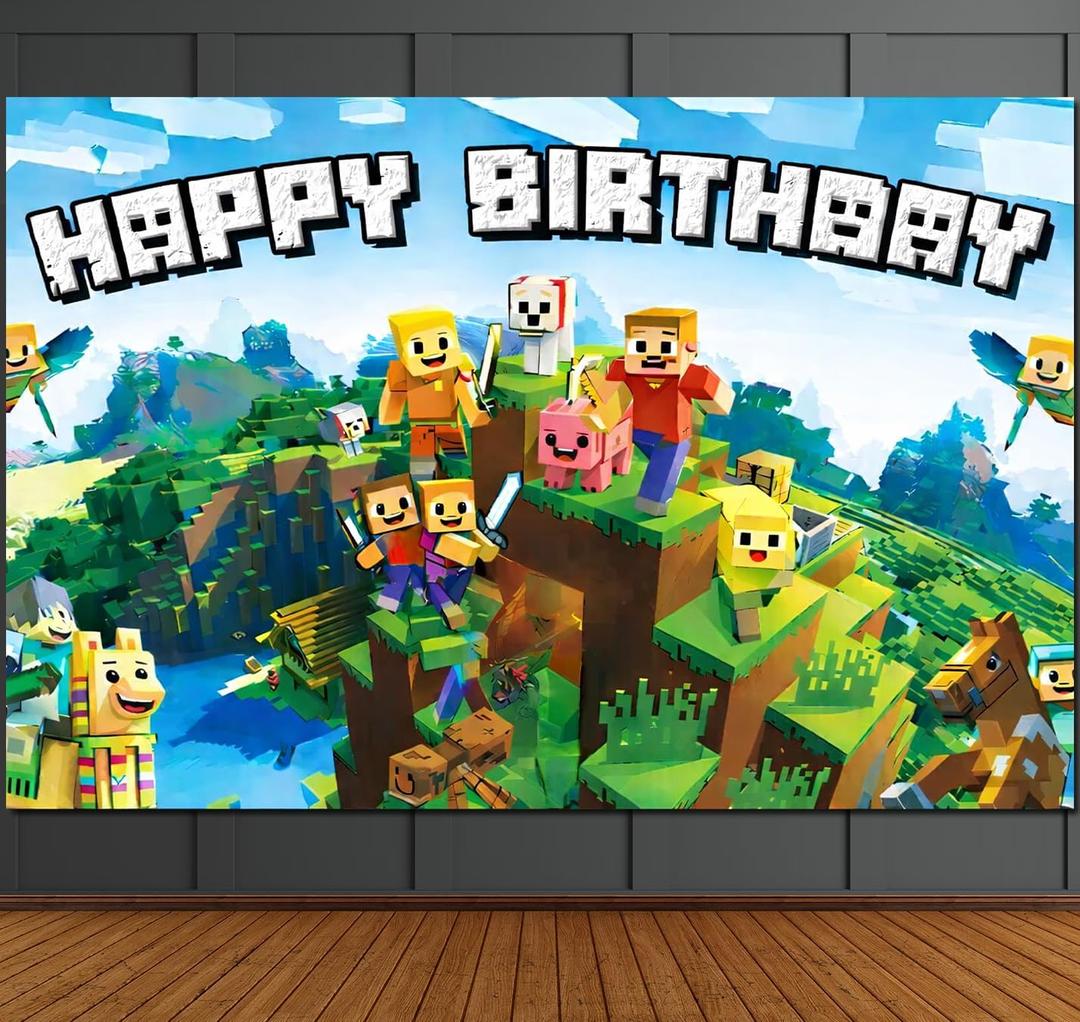 Pixel Backdrop Happy Birthday Banner Boy 5x3ft Miner Bday Sign Villager Gaming Birthday Party Decorations Videogame Themed Banner Video Game Decorations Video Game Backdrop for Boys