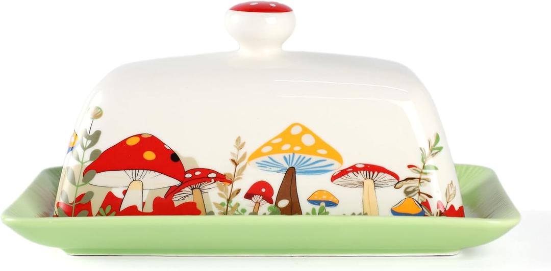 Mushroom Butter Dish With Lid for Countertop,Ceramic Butter Container Mushroom Decor,Butter Tray Large Butter Dish Covered for Cute Kitchen Accessories,Accesorios Para Cocina