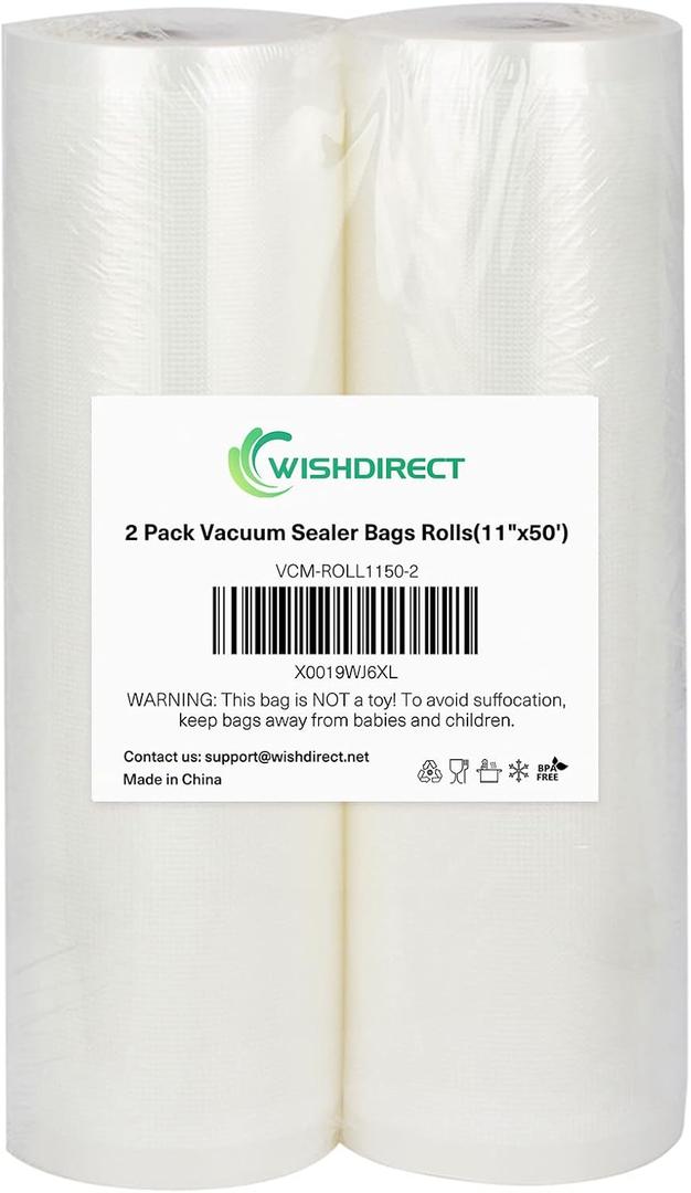 Vacuum Sealer Bags Rolls 2-Pack 11"X50' Commercial Grade BPA Free Double Sides Textured Vacuum Seal Bags Compatible with FoodSaver and Sous Vide Cooking (Total 100 Feet)