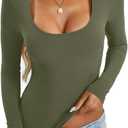 Eachyes Womens Tight Long Sleeve Shirts Scoop Neck Tops Y2K Basic Slim Fit Going Out Fall Fashion Clothes 2026 (Brown, M)