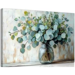 Eucalyptus Flower Glass Vase Canvas Wall Art Sage Green Canvas With Mason Jar Plants Wall Decor Farmhouse Vintage Green Plants Poster Print Artwork for Bathroom Living room Bedroom Home Decoration (24L" x 16W")