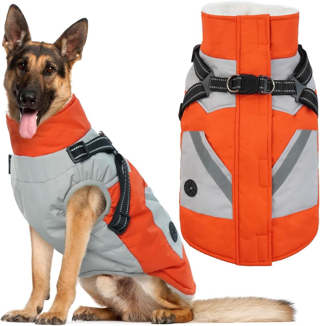 IECOii Dog Coat for Large Dogs, Orange, X-Large - Waterproof Winter Fleece Jacket with Harness, Turtleneck, Reflective Straps, Zipper Closure (X-Large(Chest:29.9 in))