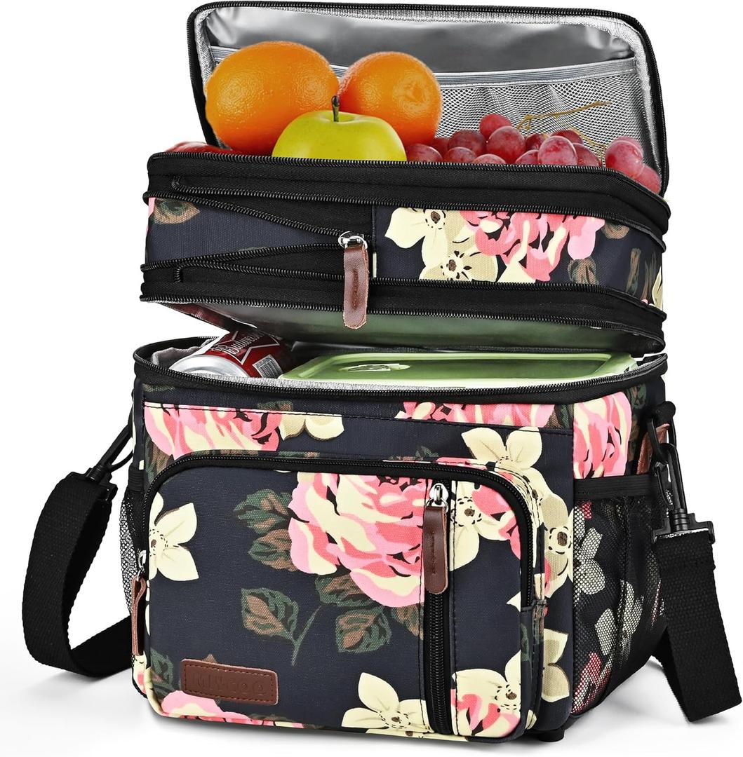 MIYCOO Lunch Bag & Lunch Box for Women Men, Double Deck Leakproof Insulated Soft Large Adult Camping Cooler bag for Work, Beach, Picnic, Travel (Flower, 15L)