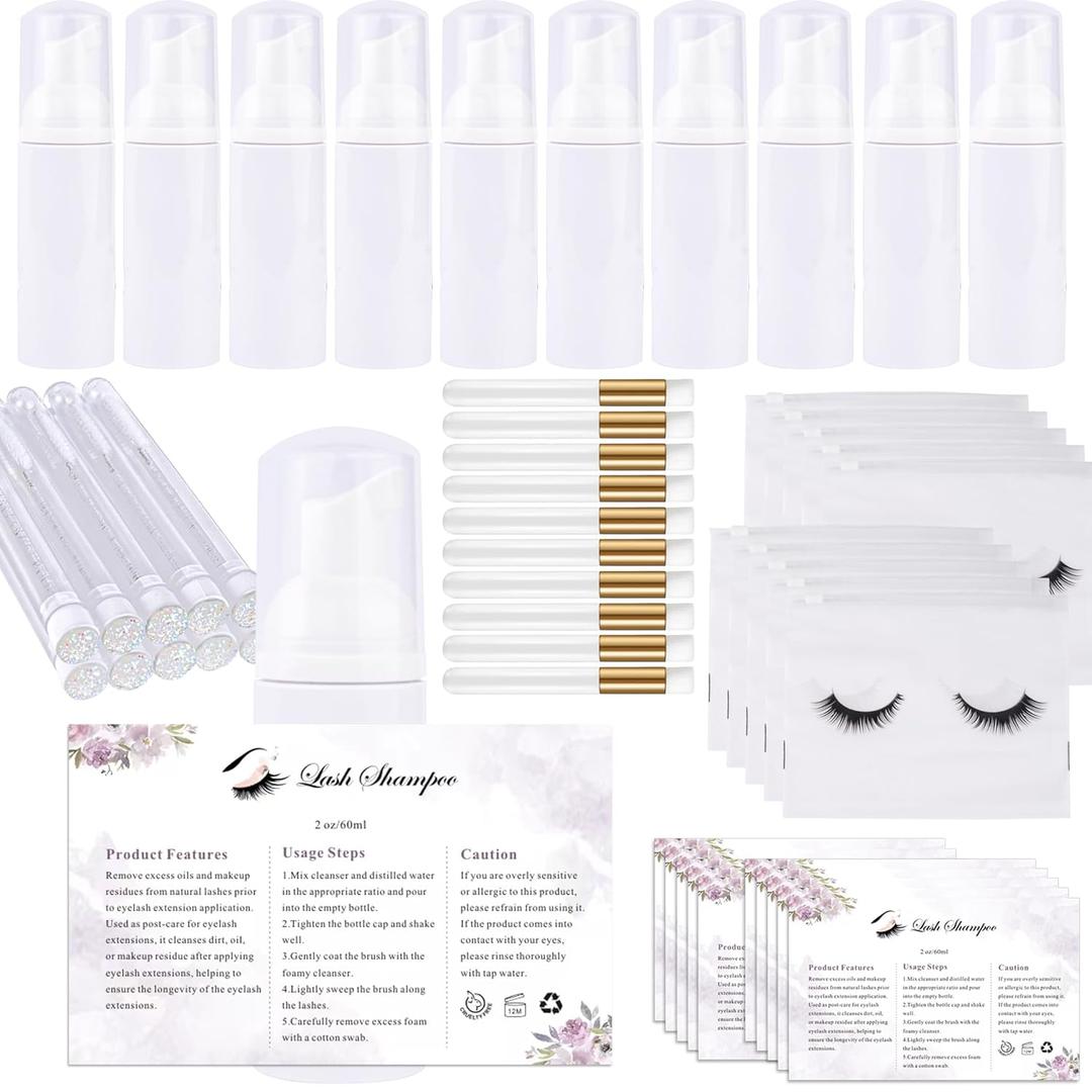 50pcs Lash Extension Cleaning Kit for Clients,10pcs Lash Brushes,10pcs Eyelash Cleaning Brush with Tubes,10pcs Lash Bottles,10pcs Eyelash Aftercare Bags,10pcs Lash Shampoo Label Stickers(White)