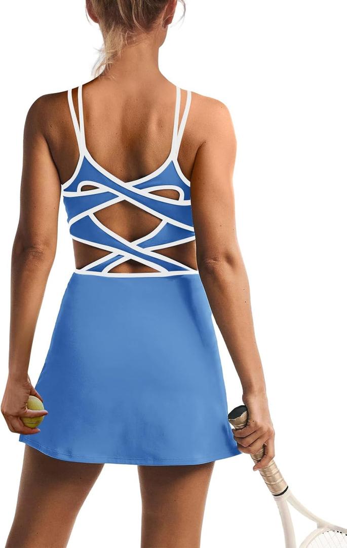 ReachMe Womens Fashion Tennis Dress Workout Dresses with Built in Shorts and Bra Athletic Romper Trendy Golf Fall Outfits (Small, Blue)