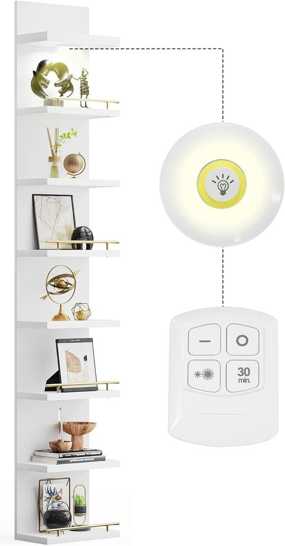 REIBII 8 Tier Wall Shelf Unit, White Lack Shelf, Vanity Floating Shelves with LED Light, Display Floating Shelves for Bedroom, Livingroom, Office