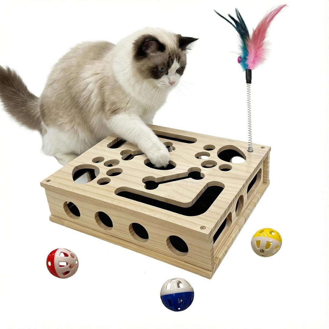 Cat Scratch Puzzle Enrichment Box, Cat Nail File Box, Wooden Sandpaper Scratcher with Interactive Maze Treat Puzzle Toy, Include Feather, 3 Balls and Spare Sandpaper
