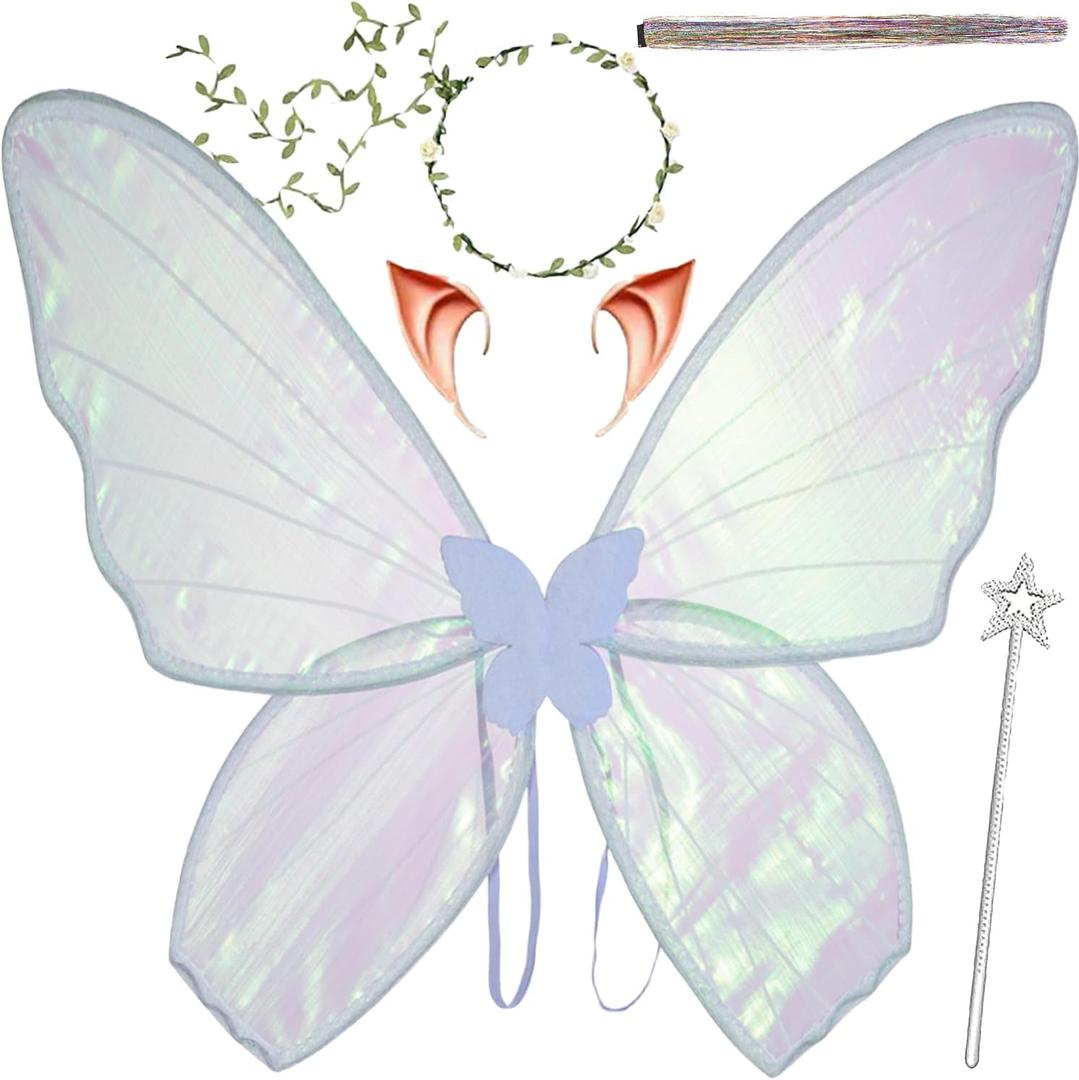 Fairy Wings for Adults and GirlsFairy Costume Set with Floral Garland, Fairy Hair Tinsel, Wand & Elf Ears  Butterfly Wings (White)