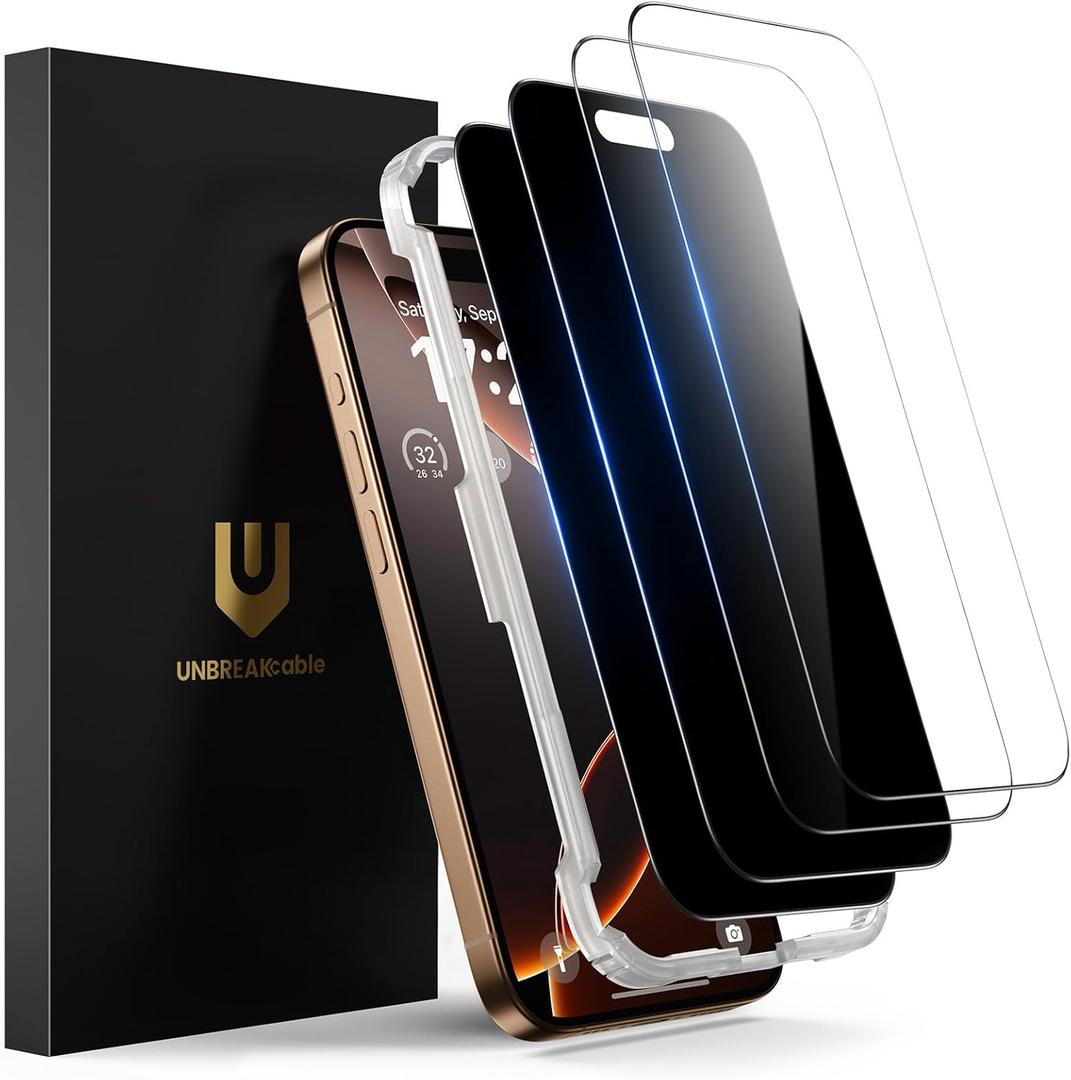 UNBREAKcable 4PCS Screen Protector for iPhone 16 Pro Max - 2 Privacy Tempered Glass+2 Clear Glass Double Shatterproof [Installation Frame] [9H Hardness] [Case Friendly] Anti-Scratch iPhone 6.9 inch