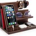 TESLYAR Wood Phone Docking Station for Men - Desktop or Nightstand Organizer - Birthday Gifts for Men, Dad - Anniversary Idea from Wife - Key Holder, Stand Wallet, Watch & Essentials (Antique Brown)