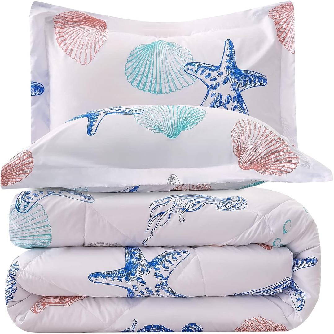 JSD Beach Theme Kids Comforter Set Full Size, 3 Piece Jellyfish Starfish Shell Printed Comforter with Pillow Shams, Lightweight All Season Washable