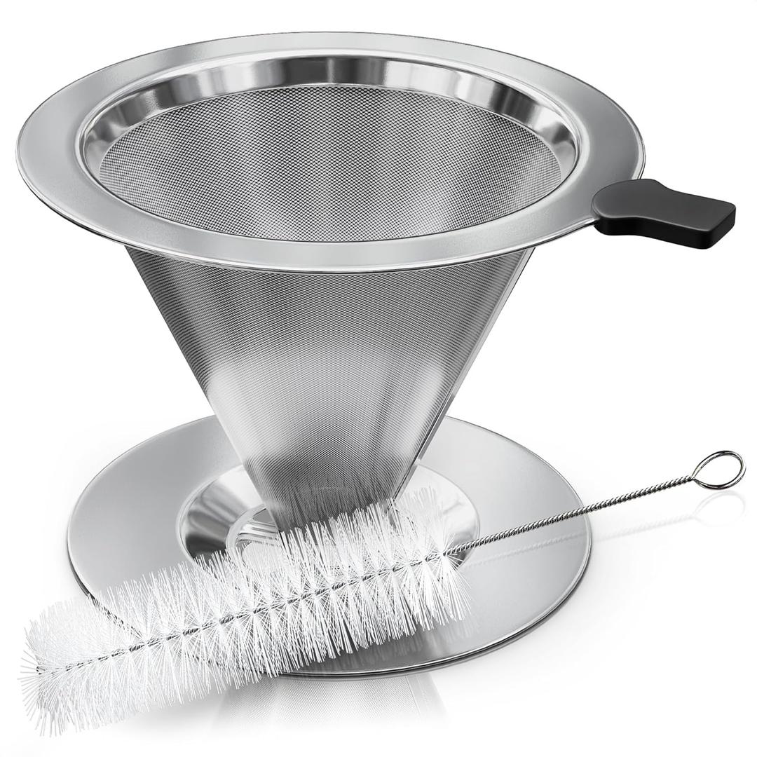 Stainless Steel Pour Over Coffee Maker With Cleaning Brush & Non-Slip Silicone Handle - 2 Cups Capacity Stainless Steel Pour Over Coffee Dripper With Secure Wide Base, Clean Flavor Paperless