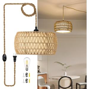 Boho Rattan Pendant Lights Farmhouse 12 Inch Plug in Chandelier Light Fixture Rustic Wicker Hand Woven Pendant Hanging Light with Cord for Dining Room Kitchen Bedroom Foyer Hallway