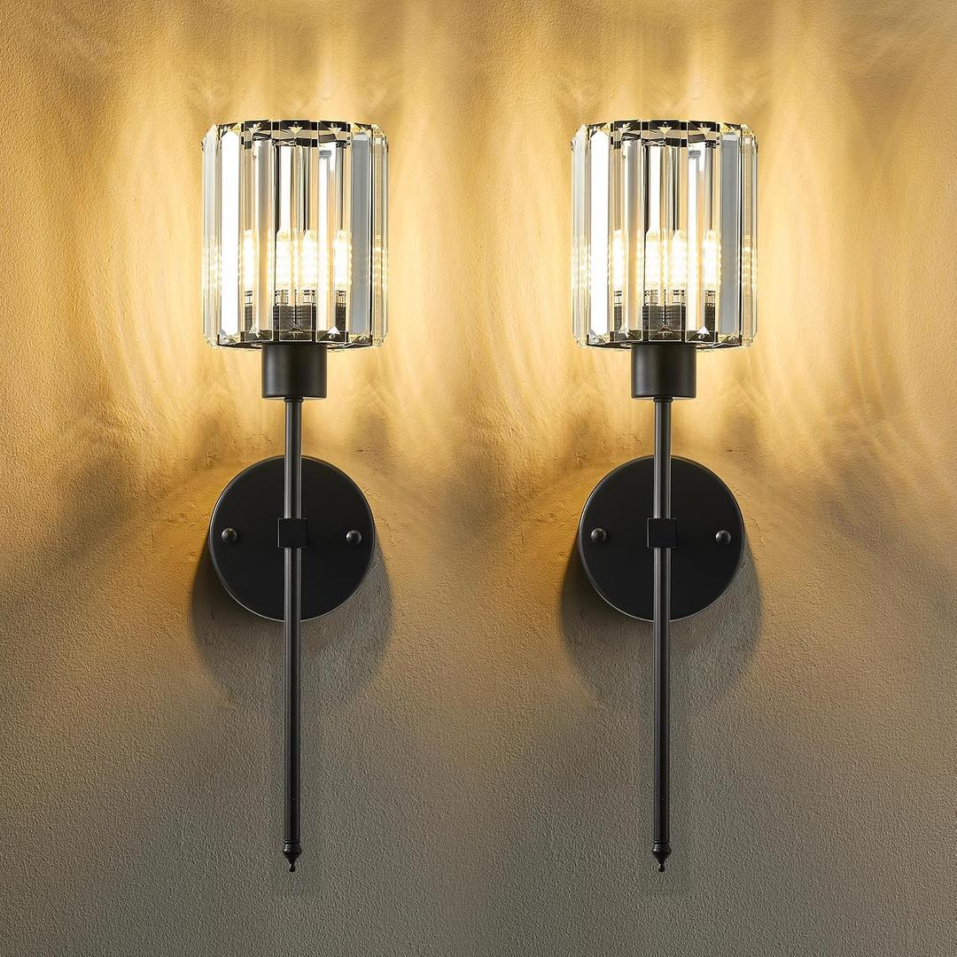 KARTOOSH Hardwired Crystal Wall Sconces Set of Two - Dimmable Wall Light Fixtures 3000K, Warm White, for Hallway, Bathroom, Living Room, Bedroom, Black, 20.1 Inch
